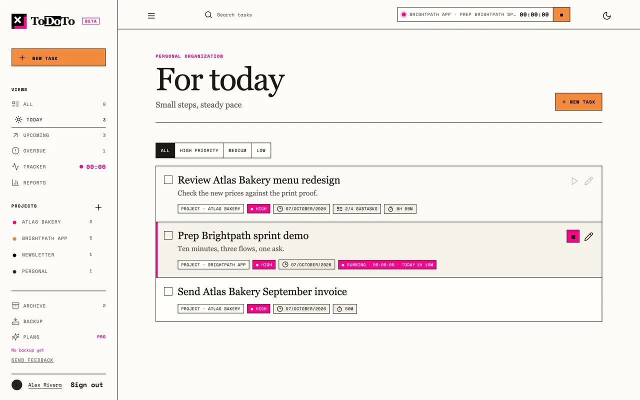 ToDoTo on a computer: tasks by project with the timer running